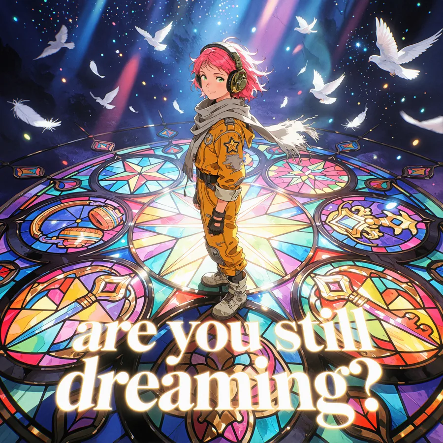 are you still dreaming — the wanderer standing on a glowing stained-glass rose window, doves scattering into the night